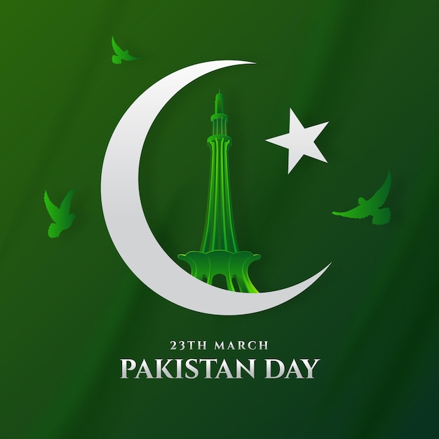 Gradient pakistan day illustration with flag and minar-e-pakistan monument