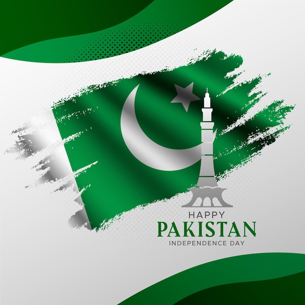 Vettore gratuito illustrazione gradiente del giorno del pakistan con il monumento e la bandiera del minar-e-pakistan