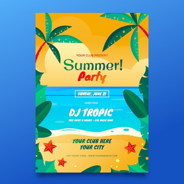 Free vector gradient party poster template for summer season