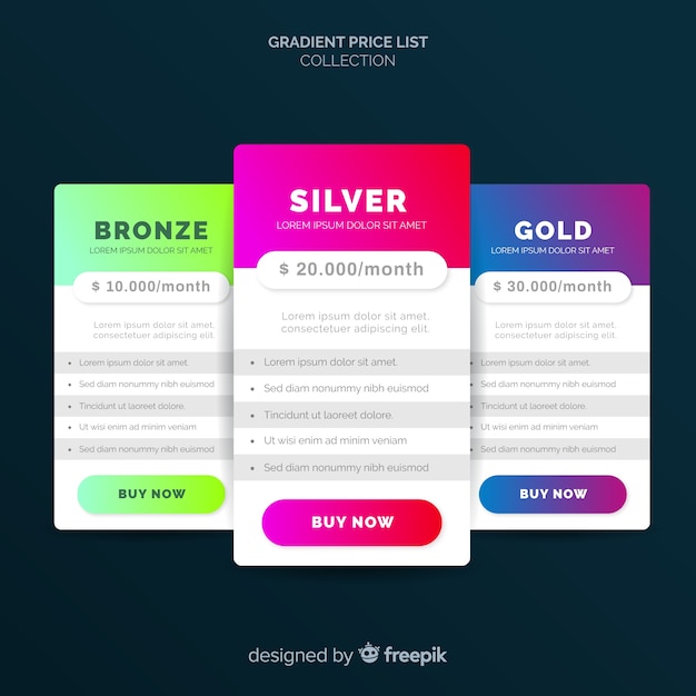 Free vector gradient price list collection