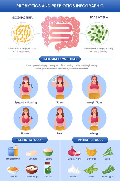 勾配プロバイオティクスとプレバイオティクスのインフォグラフィック