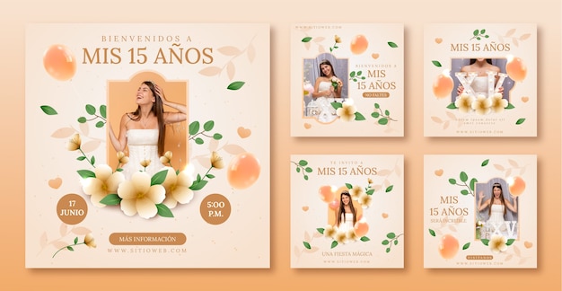 Free vector gradient quinceanera instagram posts collection