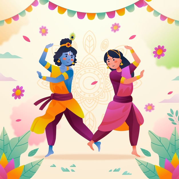 Градиентная иллюстрация Рады и Кришны для празднования фестиваля Холи.