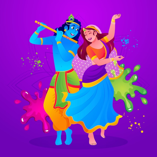 Vettore gratuito illustrazione gradiente di radha e krishna per la celebrazione del festival di holi.