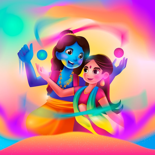 Illustrazione gradiente di radha e krishna per la celebrazione del festival di holi.