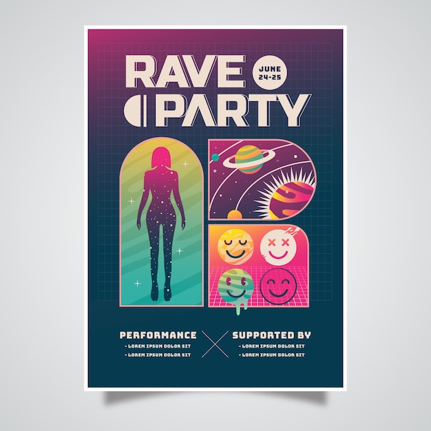 Gradient rave party poster template