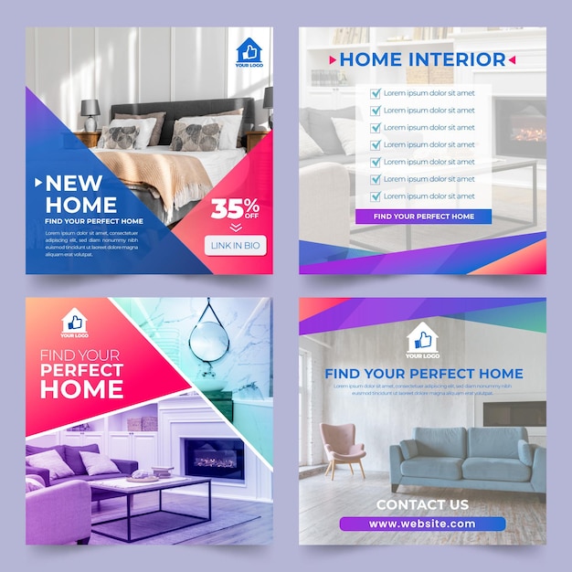 Free vector gradient real estate instagram post collection