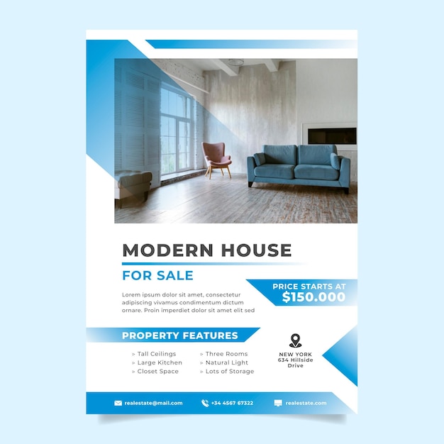 Free vector gradient real estate poster with photo ready to print