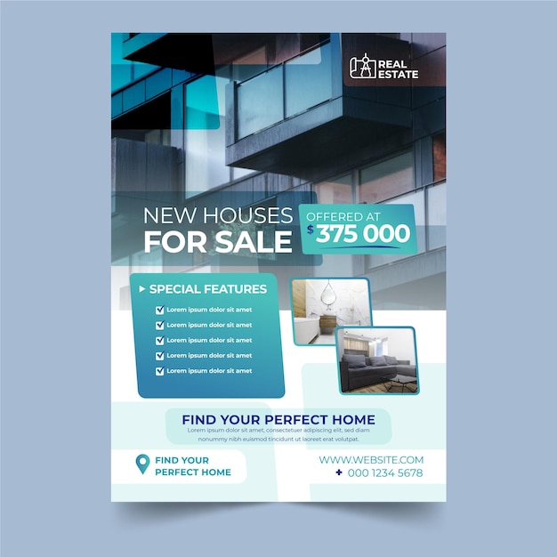 Free vector gradient real estate poster with photo