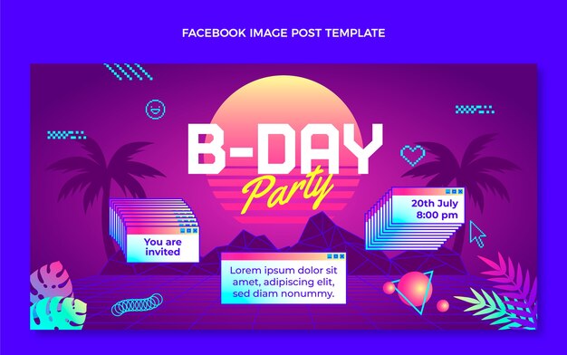 Бесплатное векторное изображение Градиент ретро паровая волна день рождения сообщение в фейсбуке