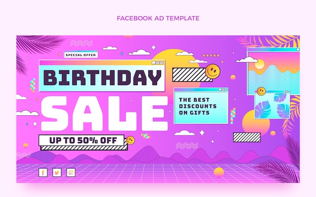 Vettore gratuito promozione facebook di compleanno sfumato retrò vaporwave