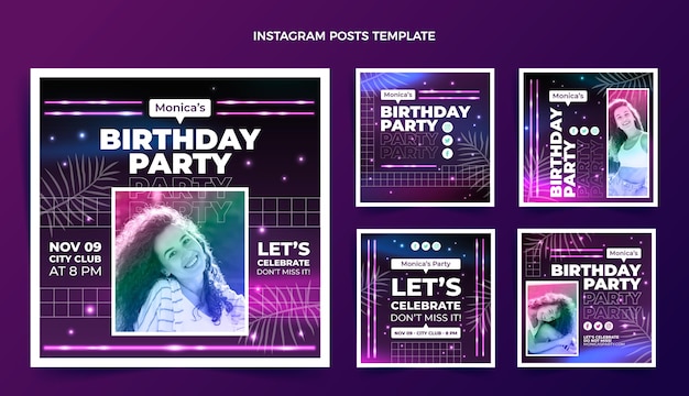 Gradient retro vaporwave birthday instagram posts collection