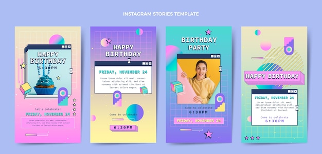 Free vector gradient retro vaporwave birthday instagram stories