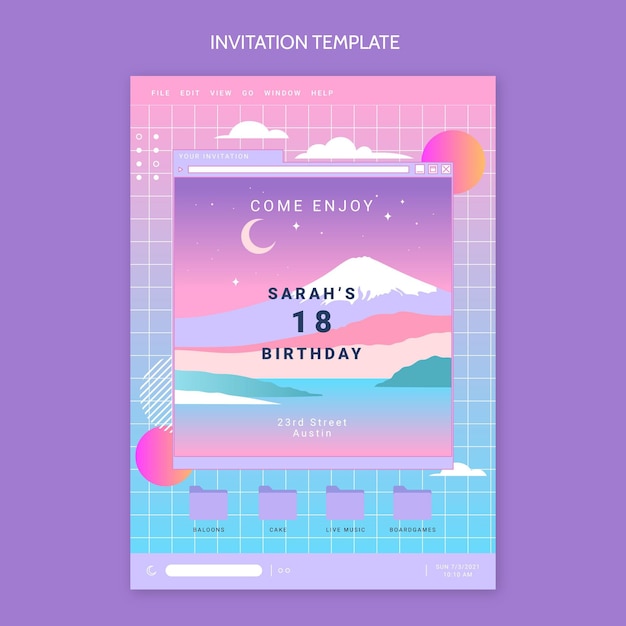 Free vector gradient retro vaporwave birthday invitation