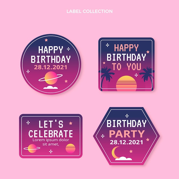 Free vector gradient retro vaporwave birthday labels