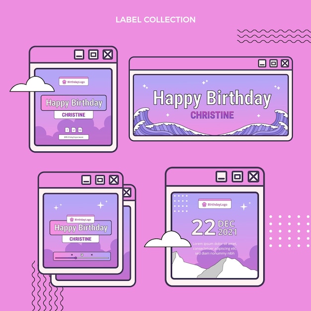 Free vector gradient retro vaporwave birthday labels