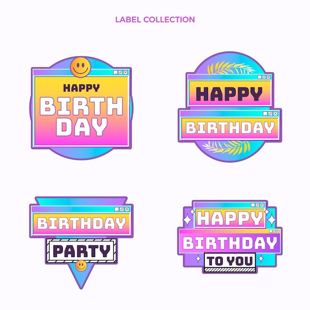 Gradient retro vaporwave birthday labels