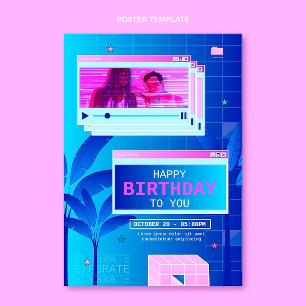 Gradient retro vaporwave birthday poster