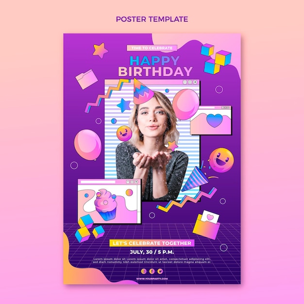 Vettore gratuito poster di compleanno sfumato retrò vaporwave