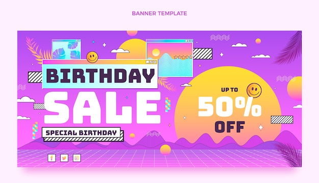 Gradient retro vaporwave birthday sale banner Free Vector