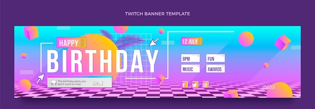 Free vector gradient retro vaporwave birthday twitch banner