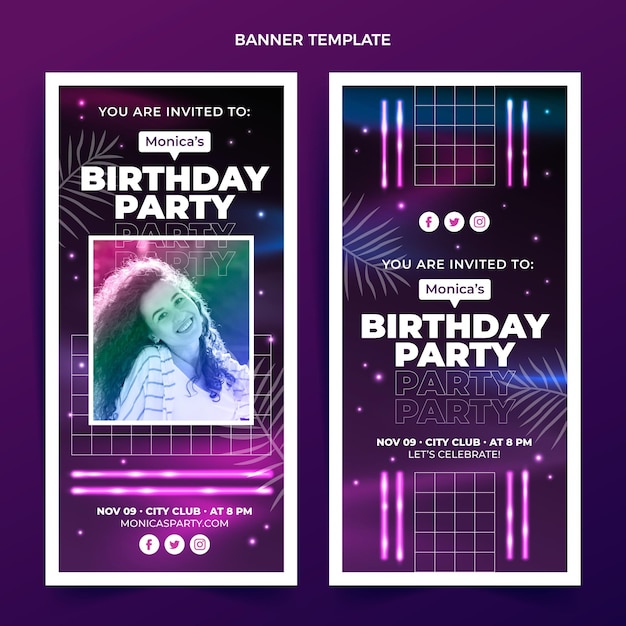 Gradient retro vaporwave birthday vertical banners set