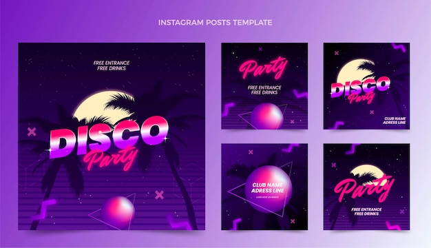 Free vector gradient retro vaporwave disco party instagram posts collection