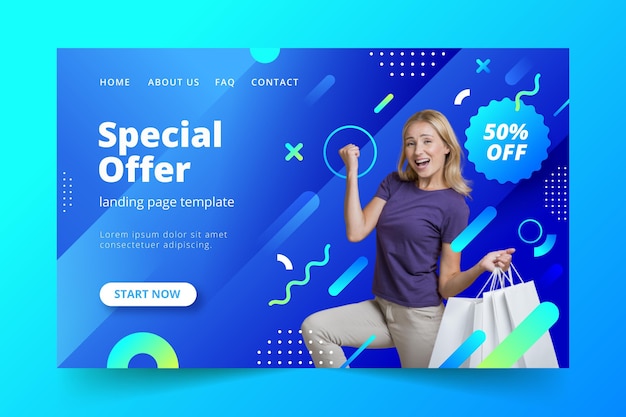 Free vector gradient sale landing page template with photo
