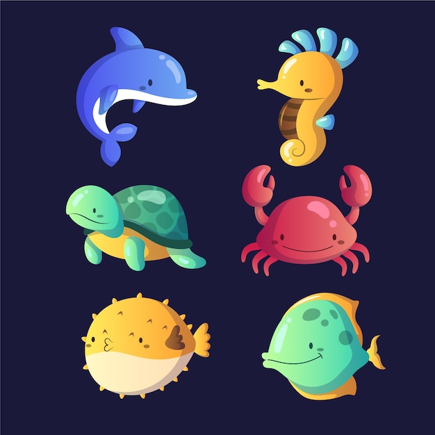 Бесплатное векторное изображение Коллекция градиентных морских животных