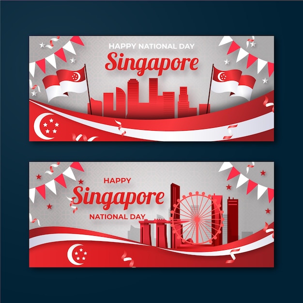 Vettore gratuito set di banner per la festa nazionale di singapore sfumati