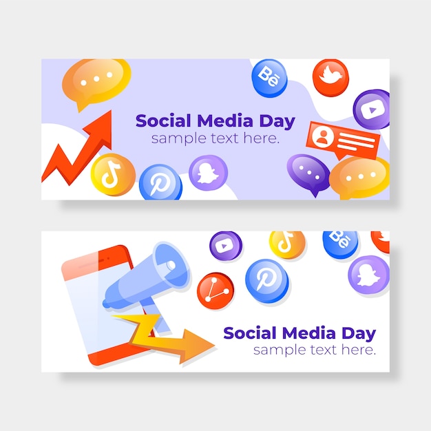 Gradient social media day horizontal banners collection