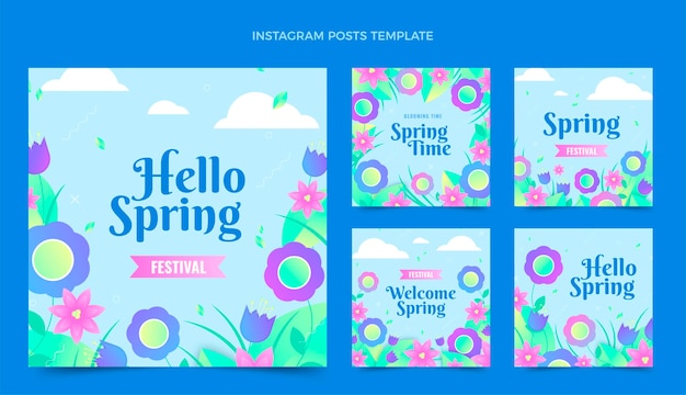 Vettore gratuito collezione di post instagram primaverili sfumati