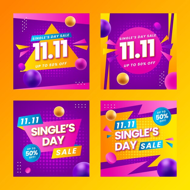 Gradient square banners collection for 11.11 sale event