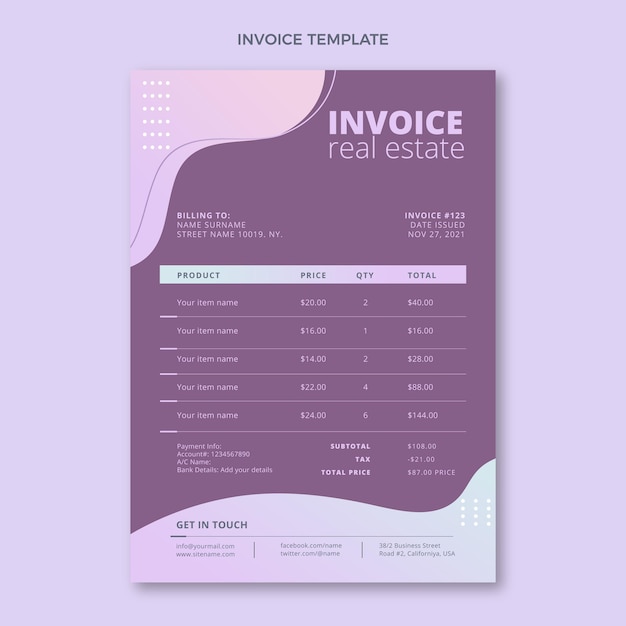 Free vector gradient style real estate invoice