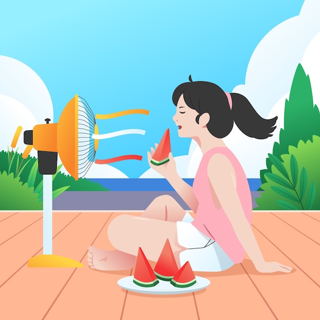 無料ベクター ファンの前でスイカを食べる女性との勾配夏暑さイラスト