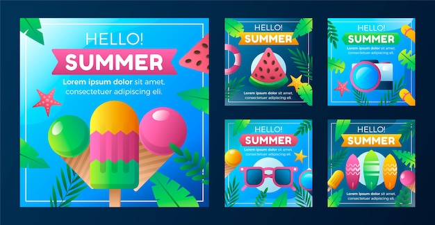 Free vector gradient summer instagram post collection