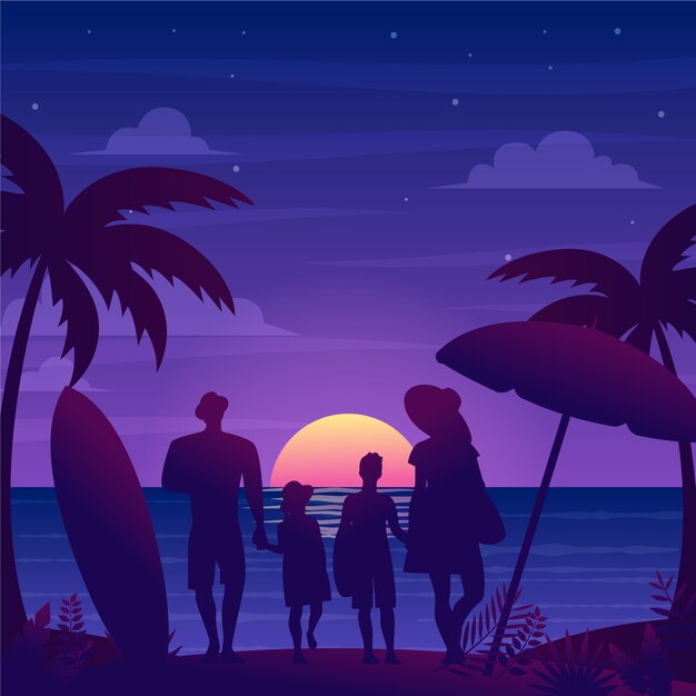 Gradient summer night illustration with people on beach