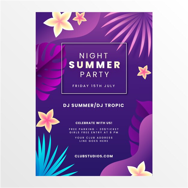 Gradient summer night party poster template with leaves