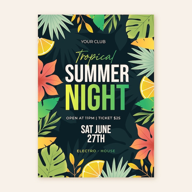 Бесплатное векторное изображение Шаблон плаката градиентной летней ночной вечеринки с листьями