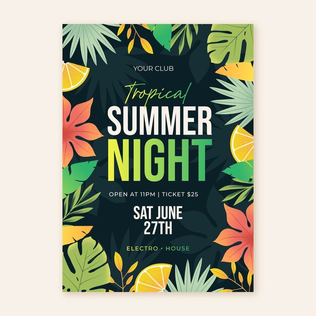 Gradient summer night party poster template with leaves