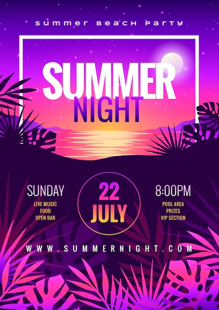 Gradient summer night party poster template with neon design