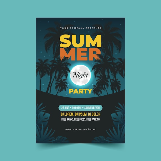 Free vector gradient summer night party poster template with palm trees