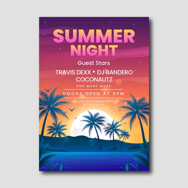 Free vector gradient summer night party poster template with palm trees