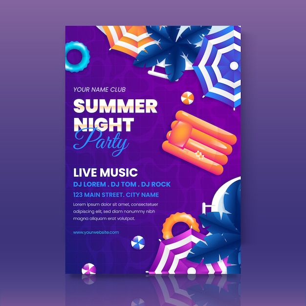 Бесплатное векторное изображение Шаблон плаката градиентной летней ночной вечеринки с бассейном