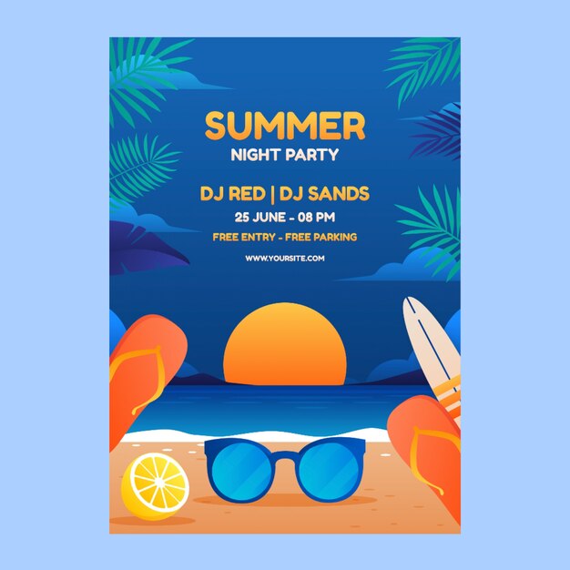 Free vector gradient summer night party poster template with sunglasses on beach