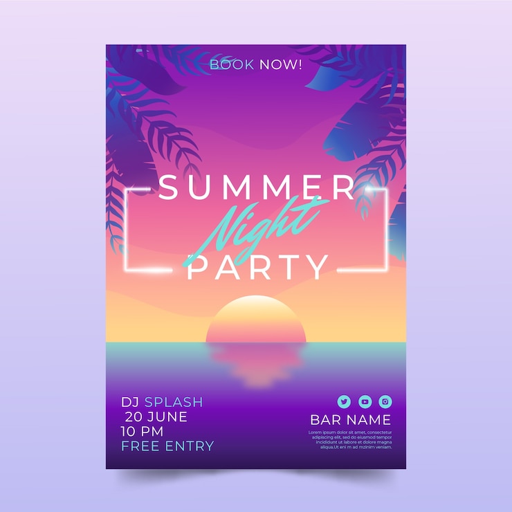 Free Vector gradient summer night party poster template with vegetation