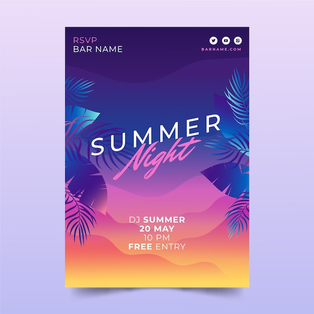 Gradient summer night party poster template with vegetation