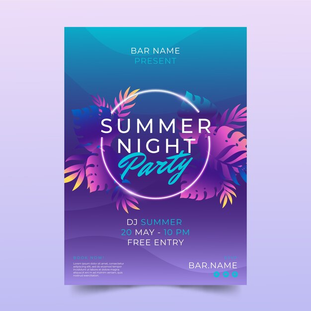 Gradient summer night party poster template with vegetation