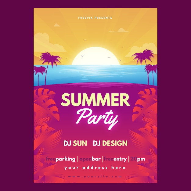 Gradient summer party vertical flyer template with palm trees and leaves – Free Vector Download