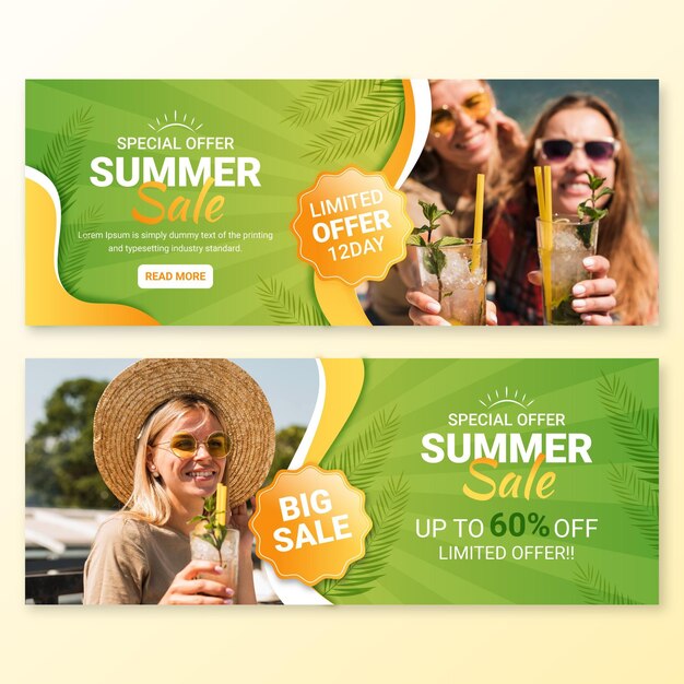 Gradient summer sale banner template with photo